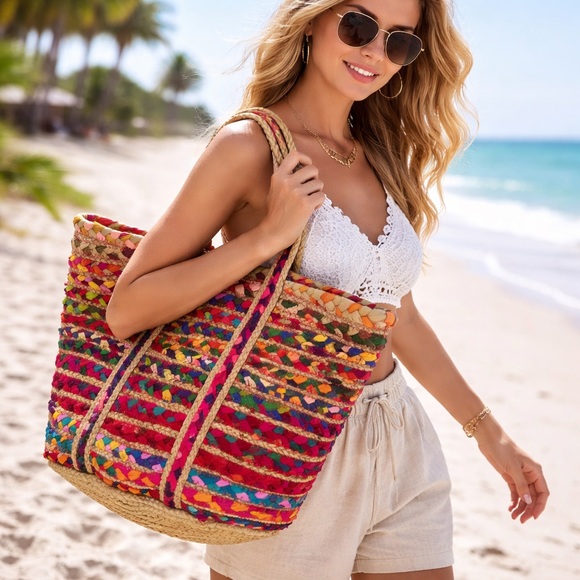 Antik Batik Multicolor Woven Jute Large Tote Boho Cabas Bag Spring Summer Beach - Picture 15 of 15
